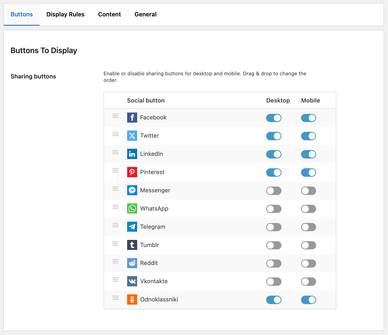 Free plugin version buttons settings page