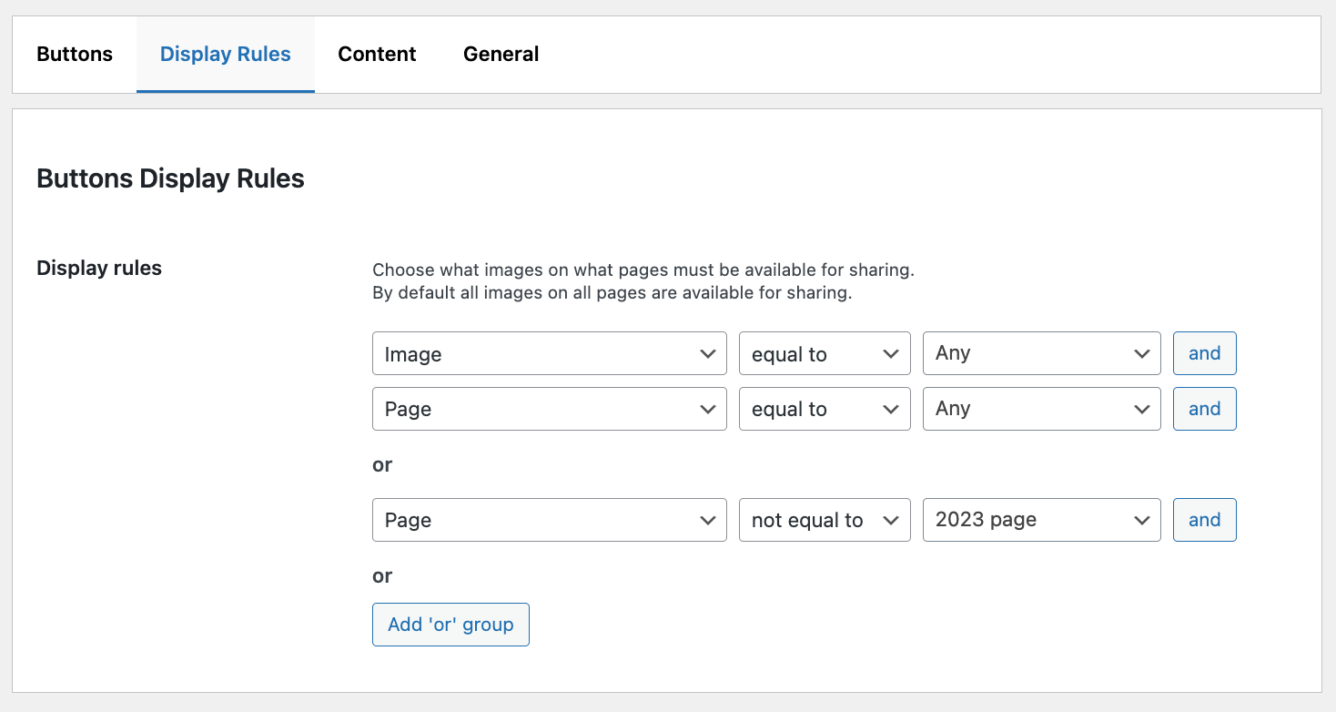 Free plugin version display rules settings page